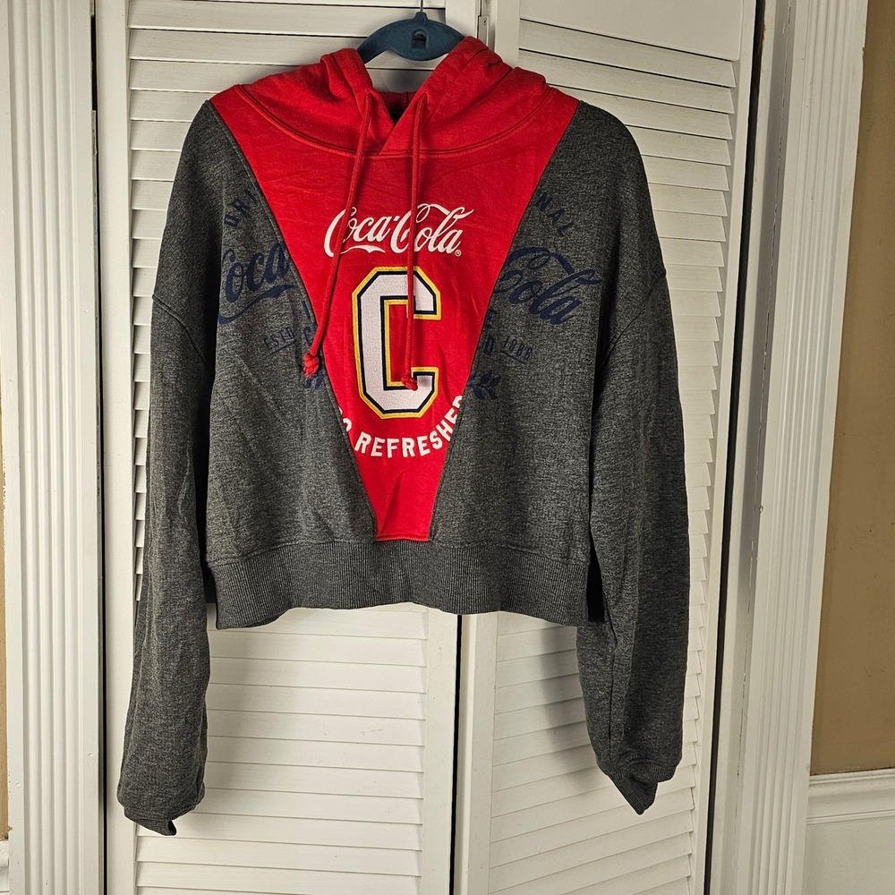 Coca Cola Womens Gray Red Crop Hoodie XL